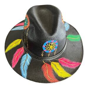 HAT MEXICAN Artisanal Hand Painted Fedora Floral Sombrero Panama Bohemian Black